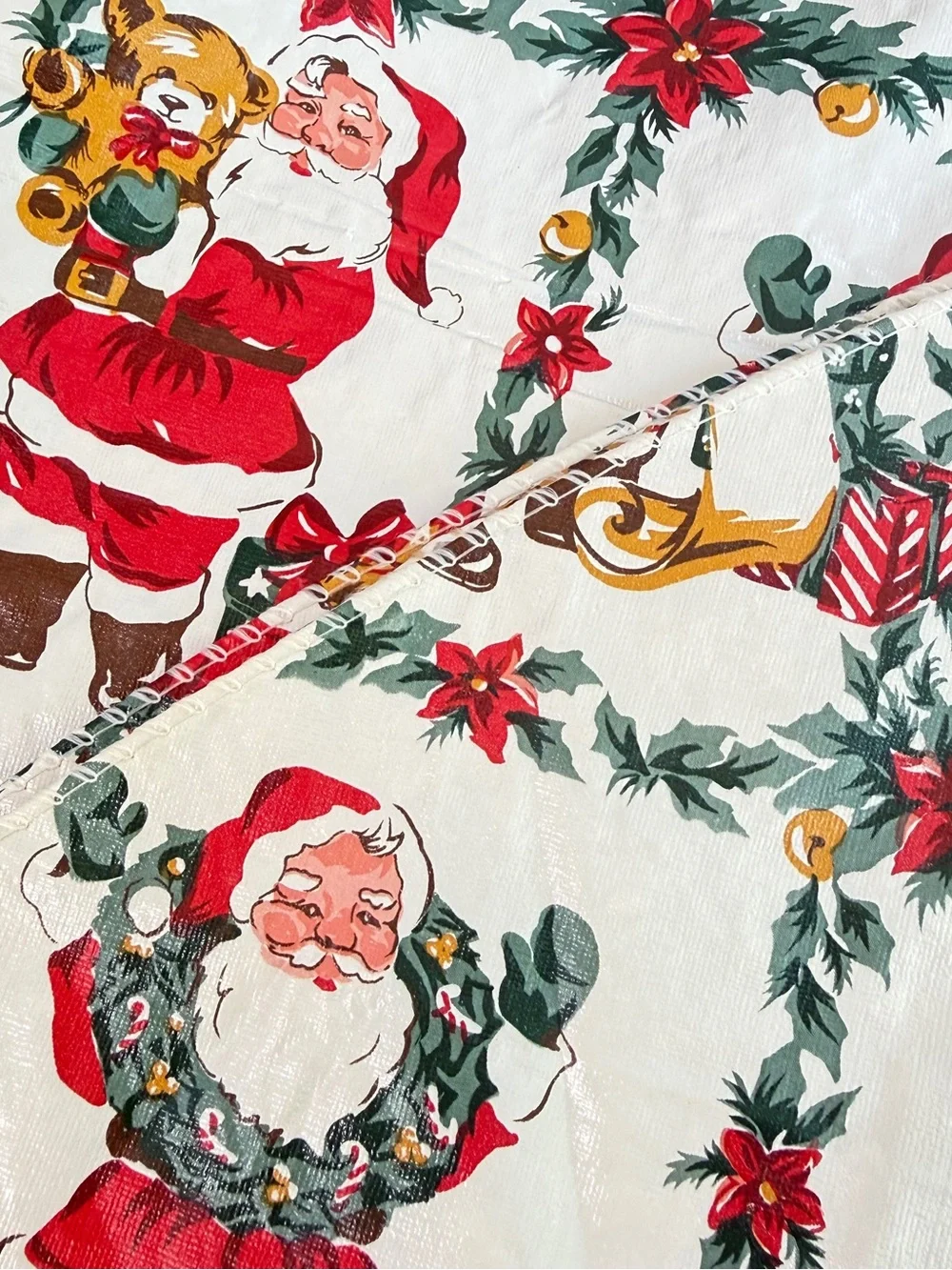 Vintage 70s Christmas Holiday Tablecloth, Vinyl Santa Design, Retro, Round 60”